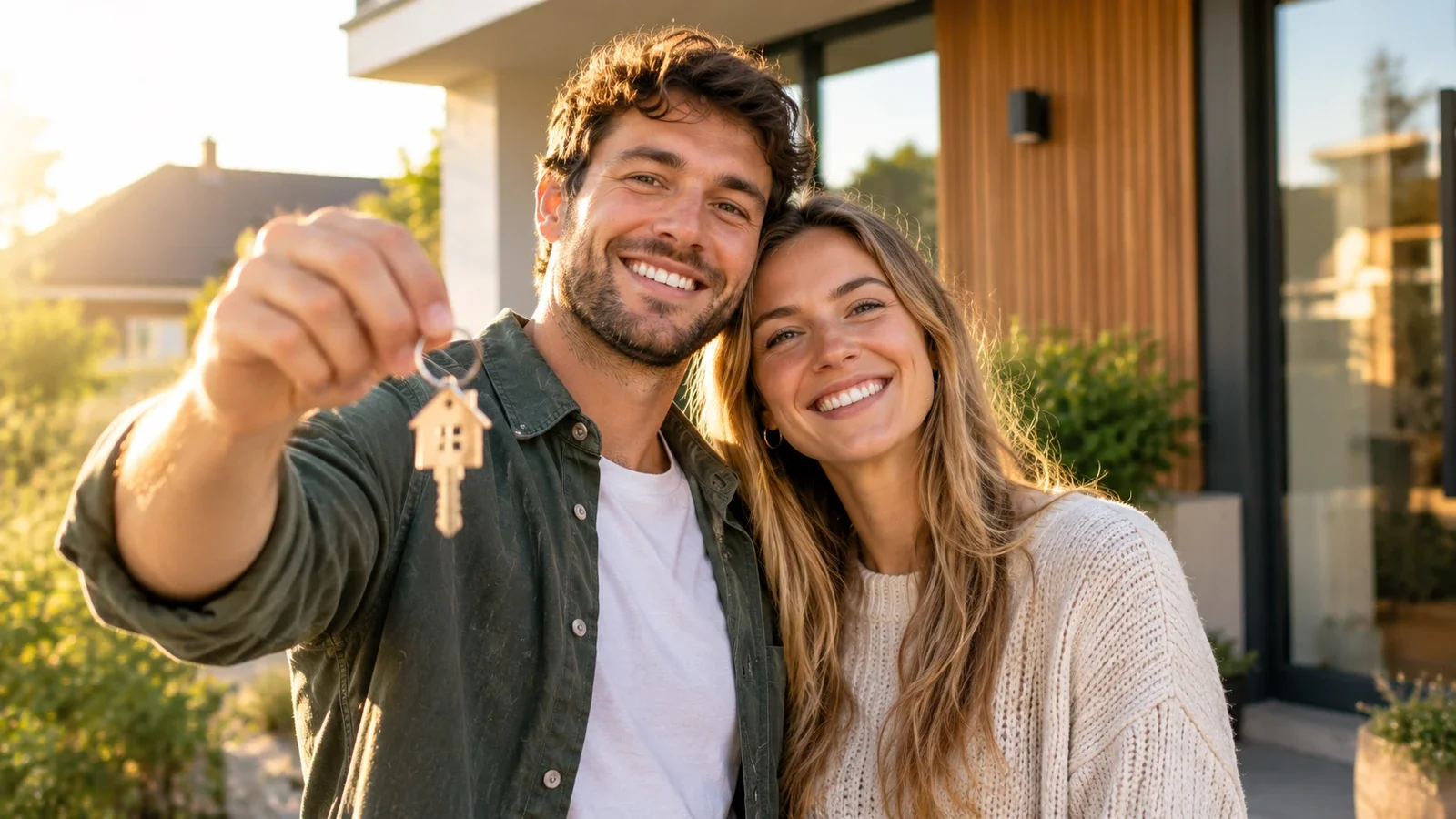 Jong stel glimlacht voor hun nieuwe woning en houdt trots een huissleutel omhoog