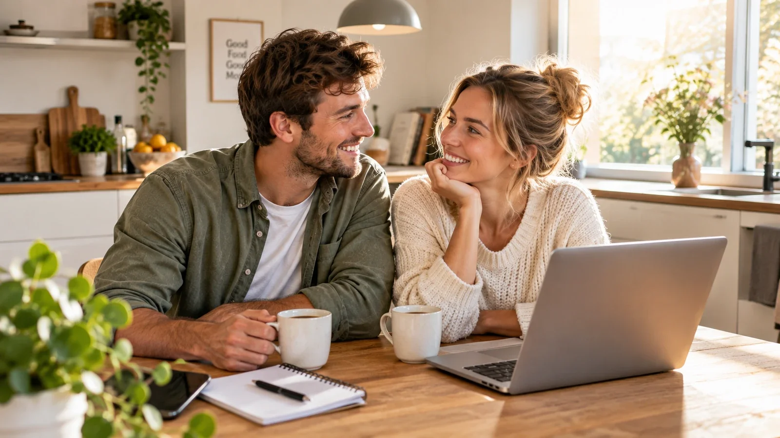 Stel aan de keukentafel met laptop overlegt ontspannen over maandlasten – Hypotheek oversluiten