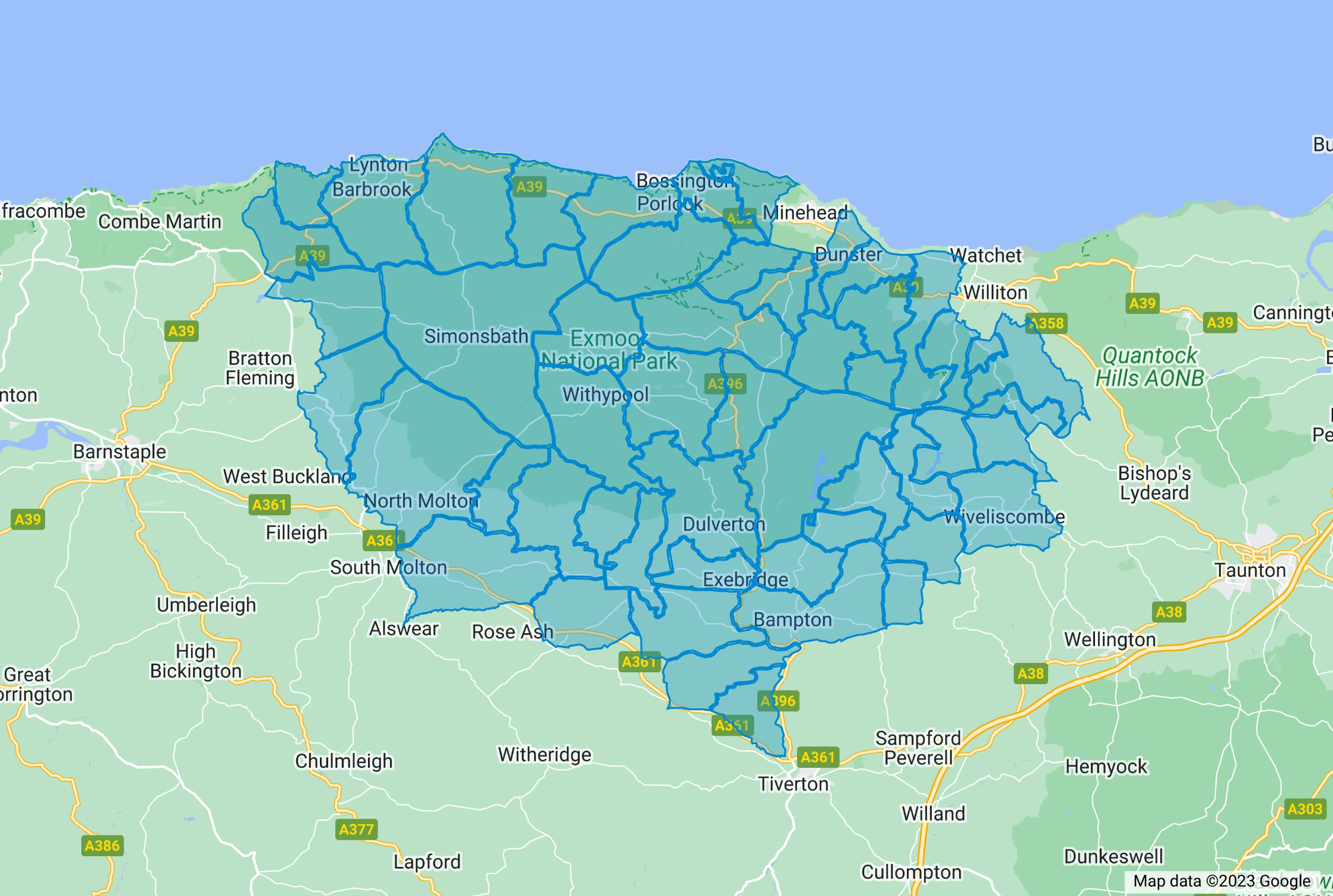 Map of Exmoor National Park in southwest England, showing surrounding towns, roads, rivers, and the park's boundaries.