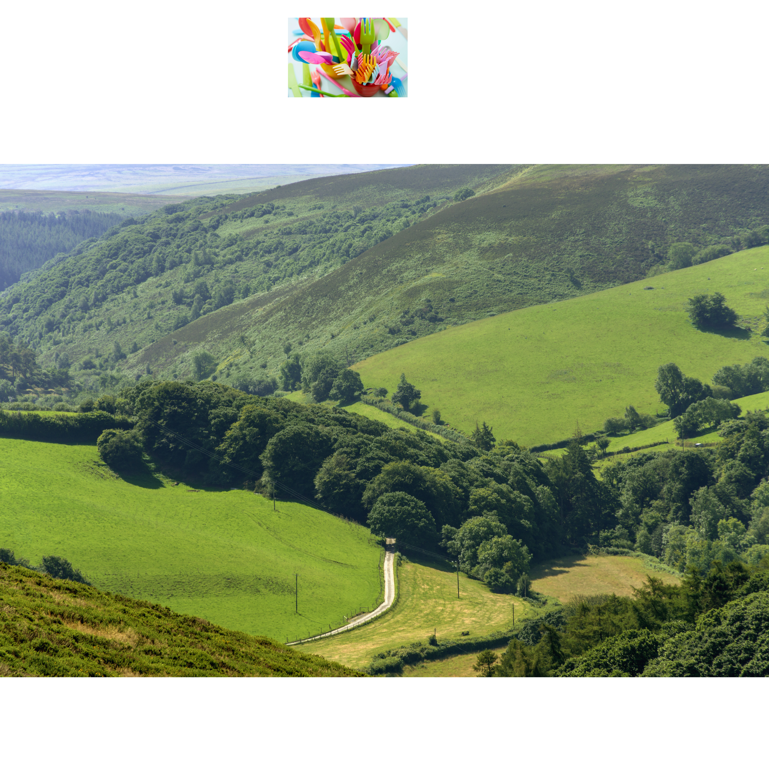 Beautiful green rolling hills and lush trees in a rural landscape, with a narrow winding road and distant mountains in the background.