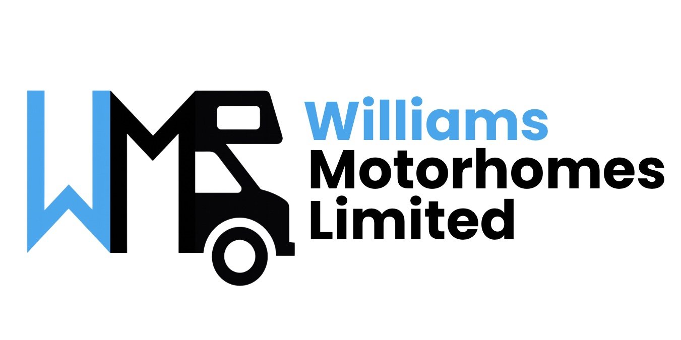 Logo of Williams Motorhomes Limited featuring a black and white stylized motorhome, blue text, and a blue ribbon-like element.