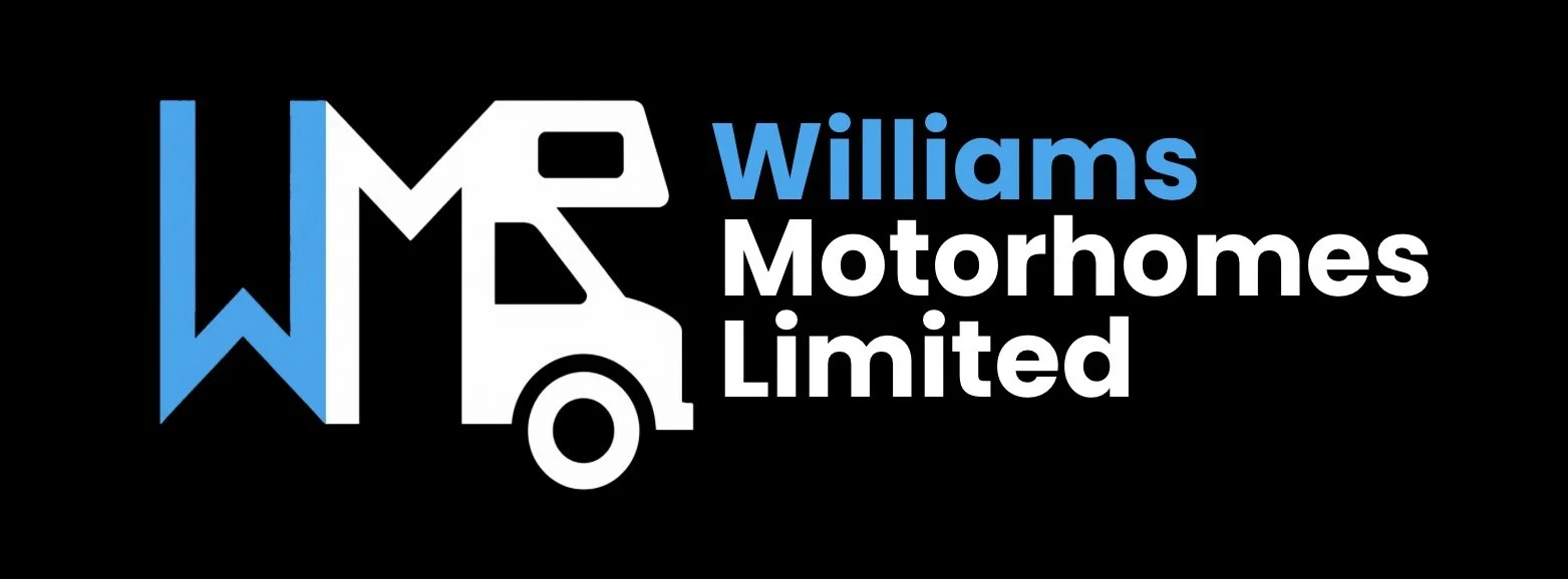 Logo of Williams Motorhomes Limited featuring a stylized white motorhome icon, a blue ribbon with a 'W', and the company's name in blue and white text on a black background.
