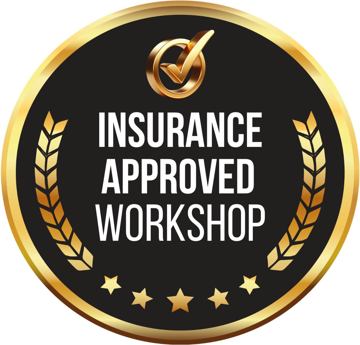 Black circular badge with gold border and gold laurel wreath, displaying a gold checkmark at the top and the text 'Insurance Approved Workshop' in white, centered.