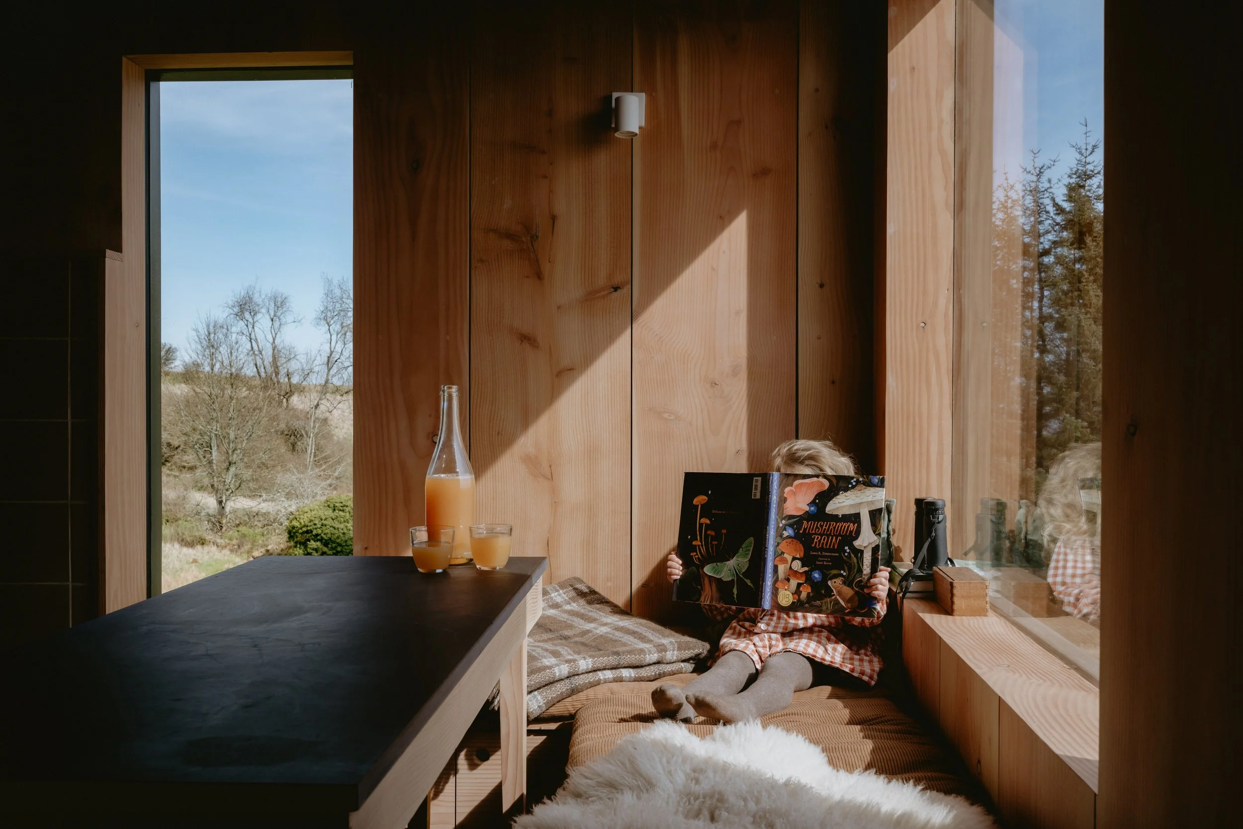 A child cuddled up in the corner of the window seat, reading a book about fungi whilst enjoying a homemade apple juice. A view out the side window over to the abandoned village of Pitmiddle.
