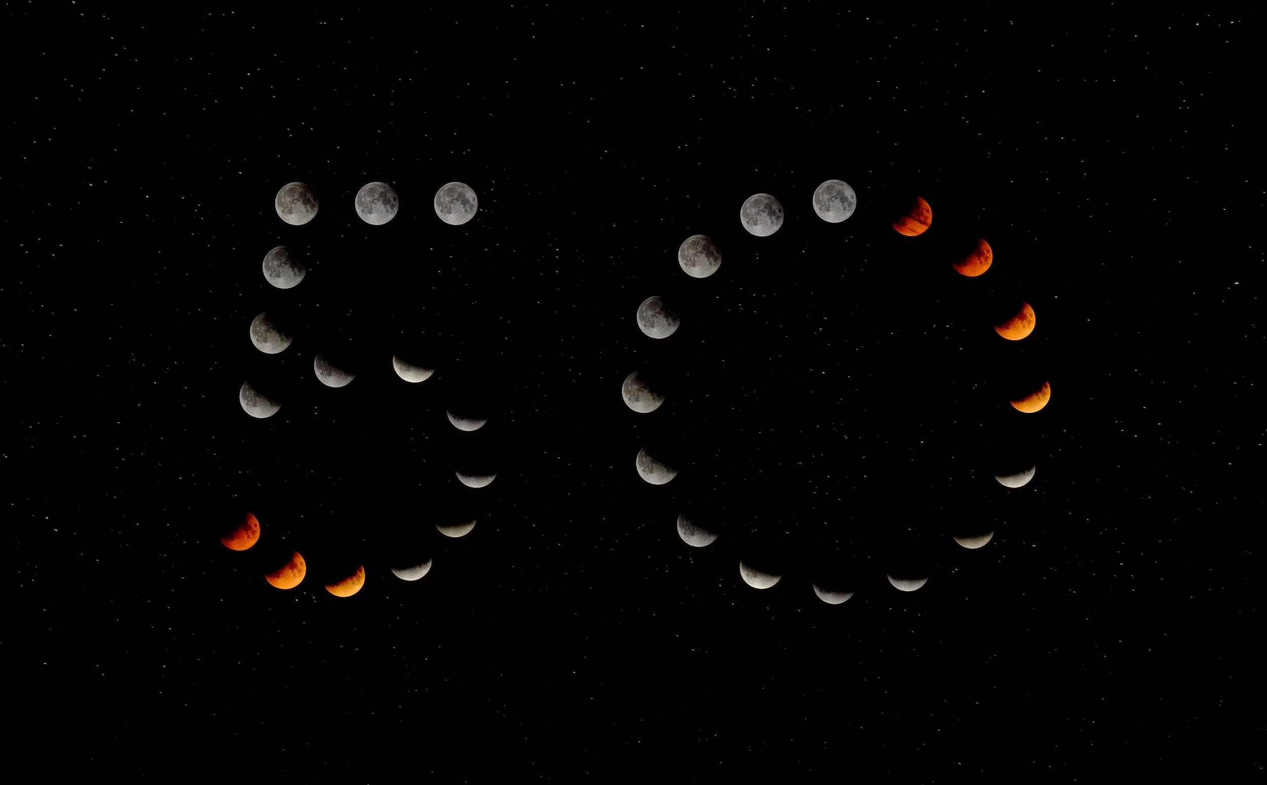 Sequence of moon phases with a heart shape on the left and the word 'LOVE' on the right, arranged with stars in the background.