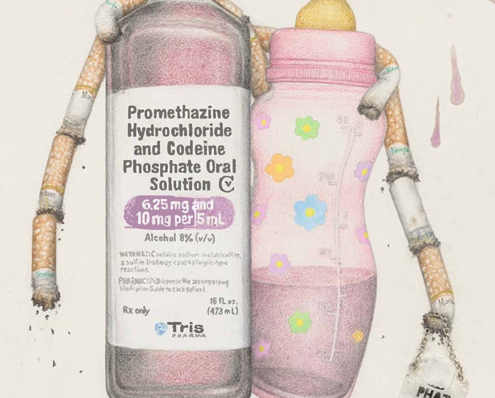 Detail of Aurel Schmidt's work 'Trash Doll: Promethazine Couple' in her exhibition 'Trash Dolls' at Glasshouse.