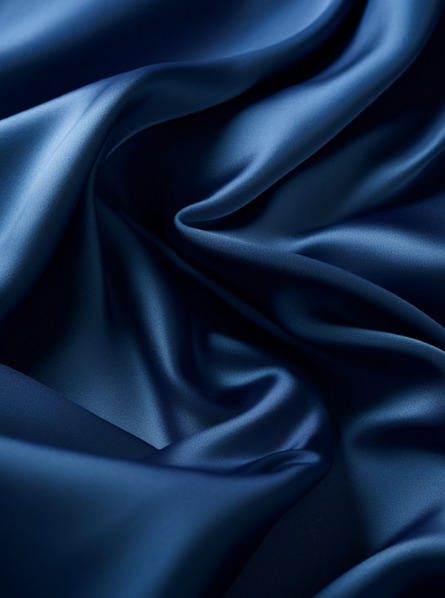 Close-up of smooth, dark blue satin fabric with folds and sheen.