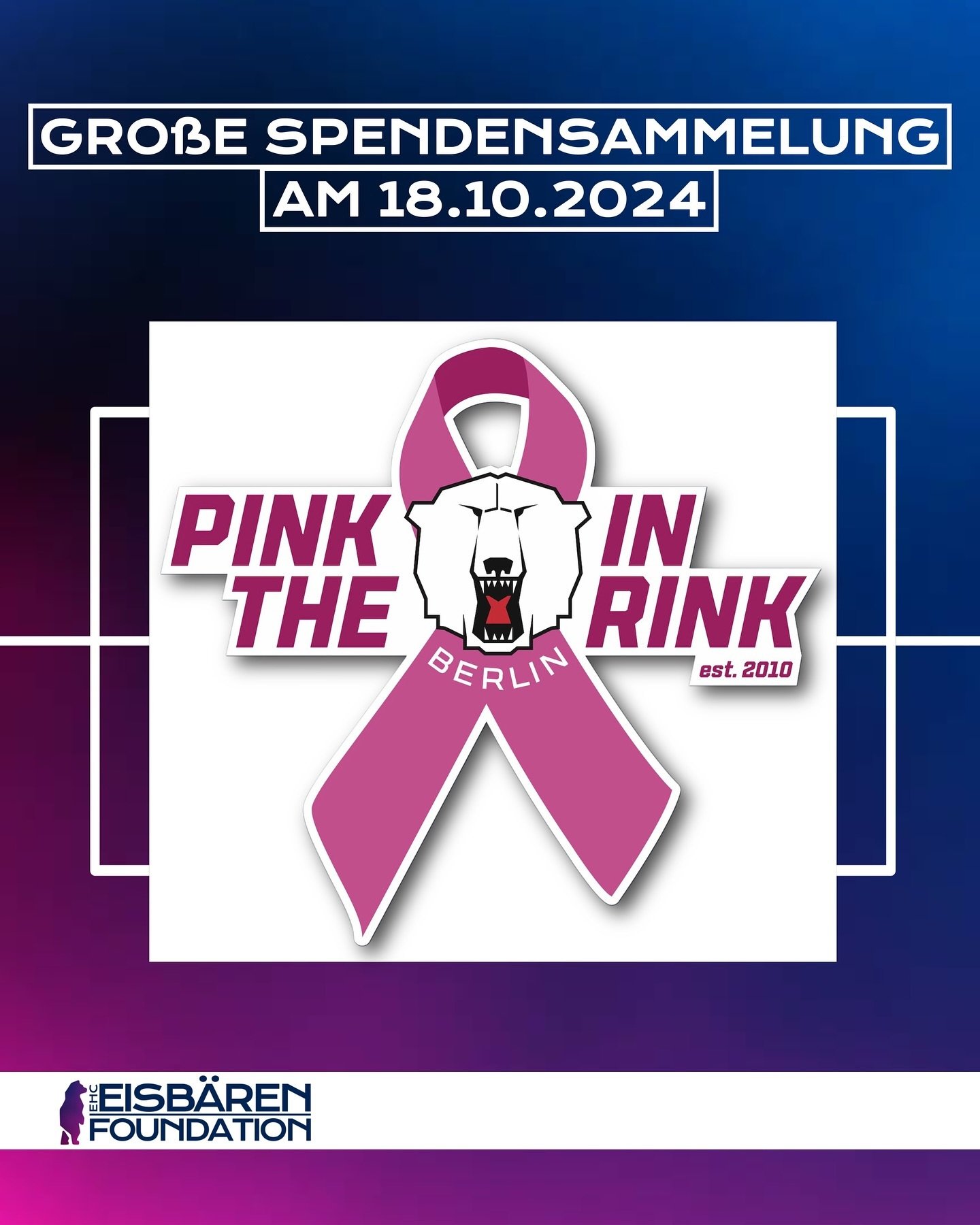 Am Freitag, den 18.10.2024 ist die gro&szlig;e Spendensammlung ihm Rahmen von Pink in the Rink. Beim Heimspiel der @eisbaerenberlin vs. @adlermannheim_official habt ihr die M&ouml;glichkeit f&uuml;r die Krebshilfe aktiv zu spenden. In der gesamten @u