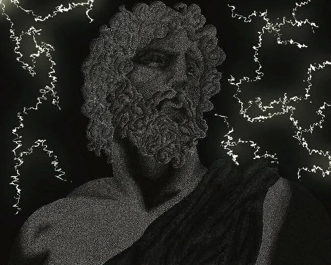 A stipplism digital drawing of the Greek God Zeus, entitled "Thunderbringer" in homage to EPIC The Musical.