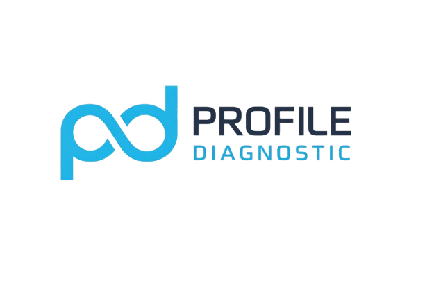 Logo mit den Worten "Profile & Diagnostic" und einem stilisierten blauen Symbol, das ein Profil oder eine Diagnose darstellen könnte.