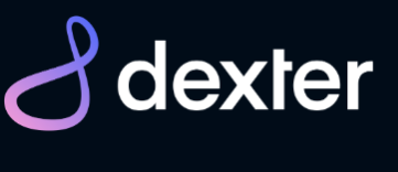 Logo von Dexter mit lila und blauer Schleife auf schwarzem Hintergrund