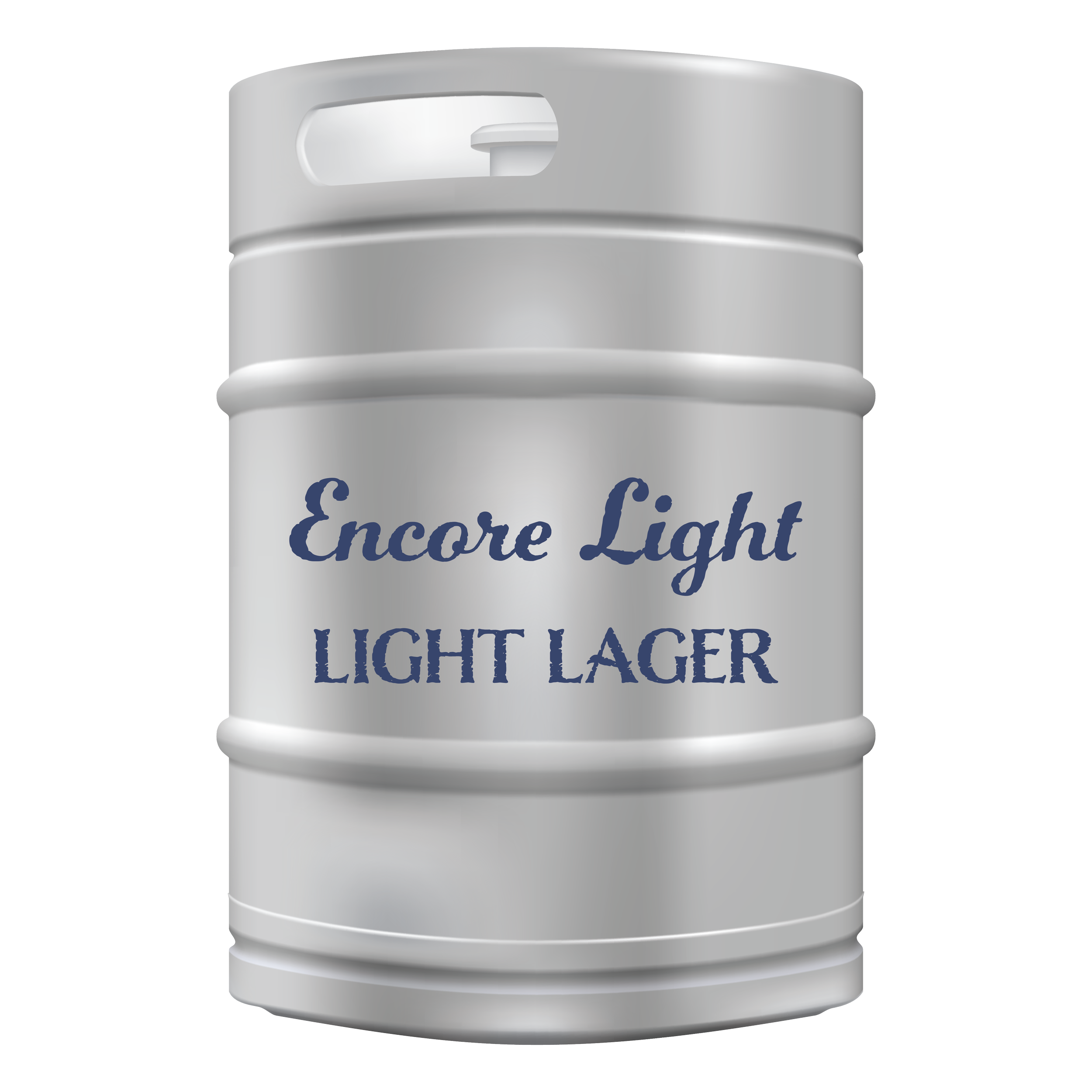 Silver beer keg with 'Encore Light' and 'Light Lager' printed in blue text on the side.