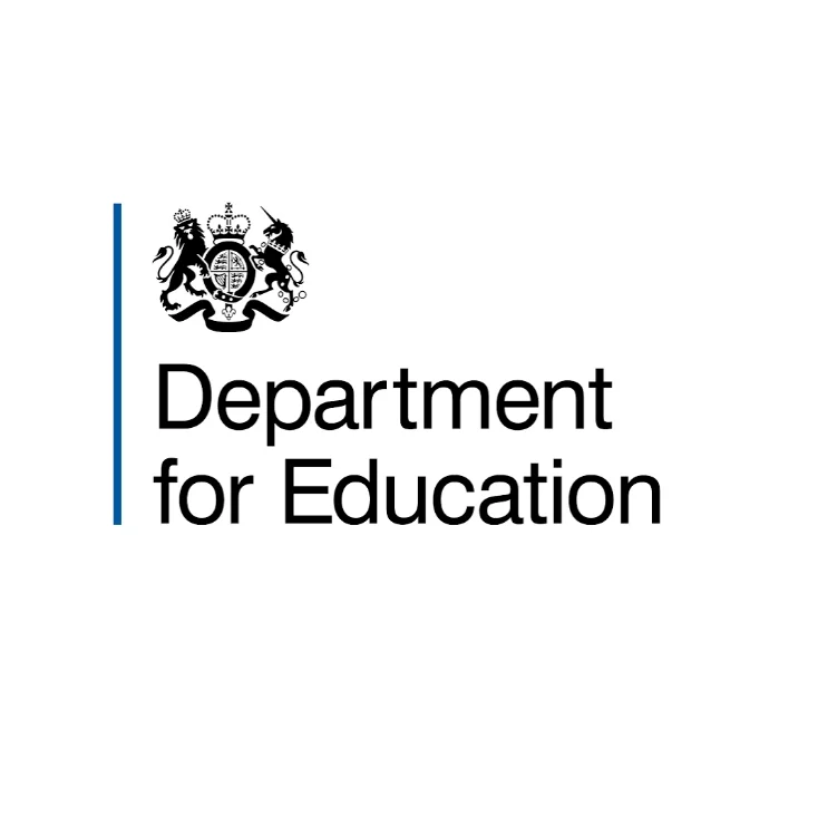 Logo for the Department for Education featuring a crest with lions and crown, and the agency name in black text.