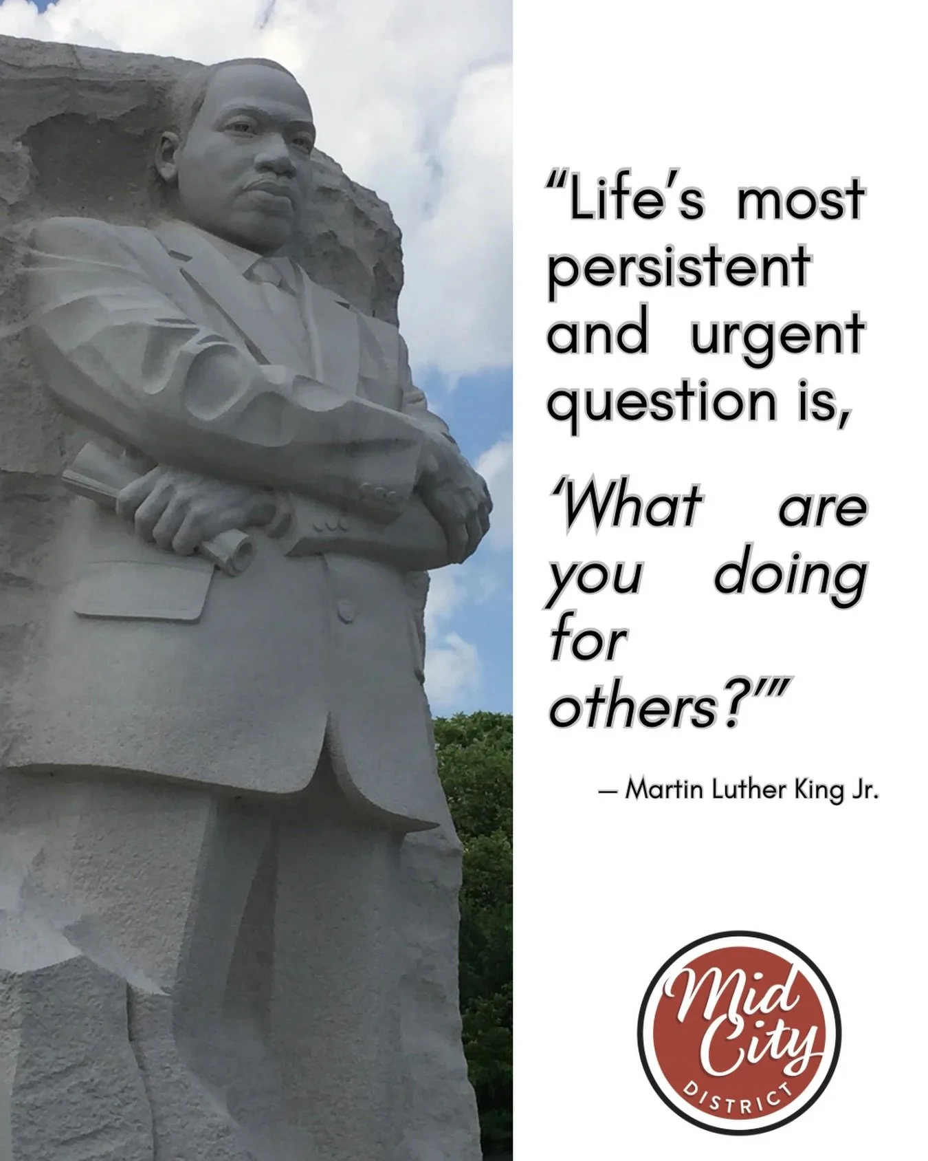 &ldquo;Life&rsquo;s most persistent and urgent question is, &lsquo;What are you doing for others?&rsquo;&rdquo; - Dr. Martin Luther King Jr.

Today we honor the life and legacy of Dr. Martin Luther King Jr.🤍

&ldquo;The time is always right to do wh