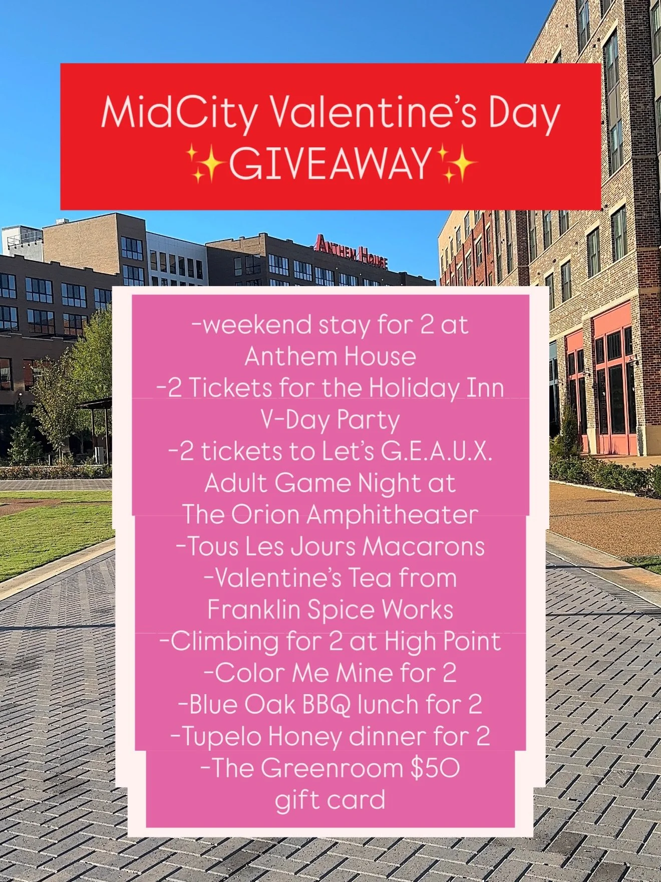💕 Valentine&rsquo;s Giveaway! 💕

We&rsquo;re spreading the love in MidCity! Enter for a chance to win a massive prize bundle for the perfect MidCity weekend for you and your Valentine (or your bestie&hellip; or just for you! 😘).

✨ To enter:
1️⃣ F