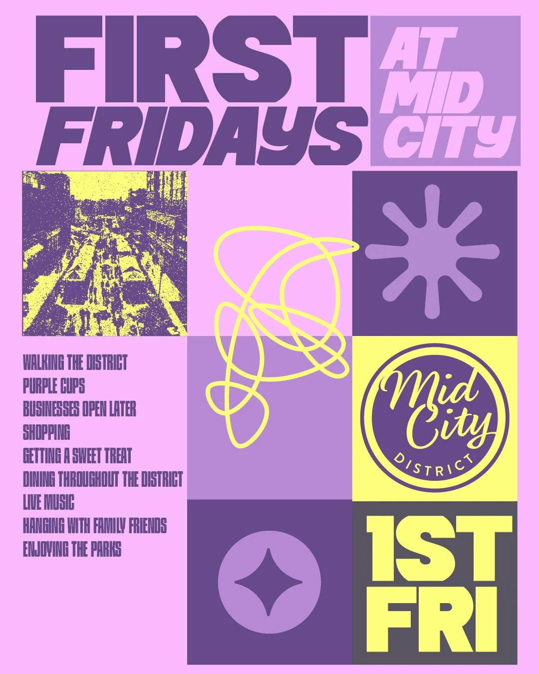 ✨Join us on the First Friday of every month for an evening of community, delicious food, cold drinks, live music, and exploring the district!!! Bring your friends, family, and (leashed) pets for an amazing evening!✨

-walk the district
-grab a purple