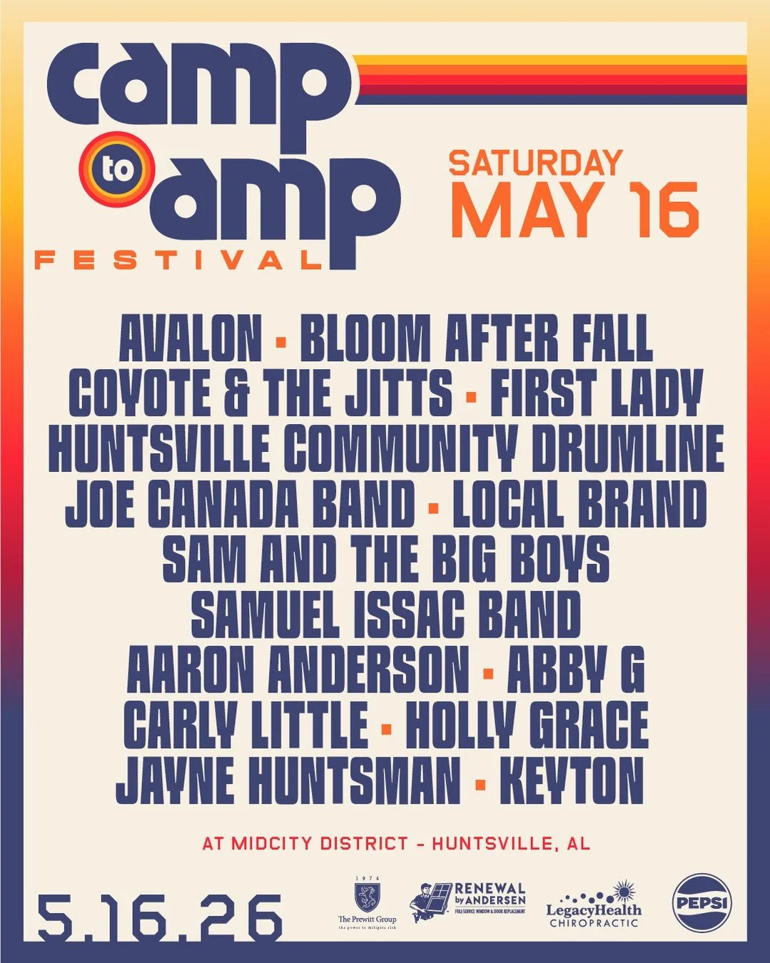 🎵The Camp to Amp music artist lineup is HERE and it's STACKED. 🤘🎸⁠
Mark your calendars for Saturday, May 16 from 12-6pm in MidCity District!⁠
⁠
Special performances by:⁠
⁠
Avalon⁠
Bloom After Fall⁠
Coyote &amp; The Jitts⁠
Joe Canada Band ⁠
Aaron A