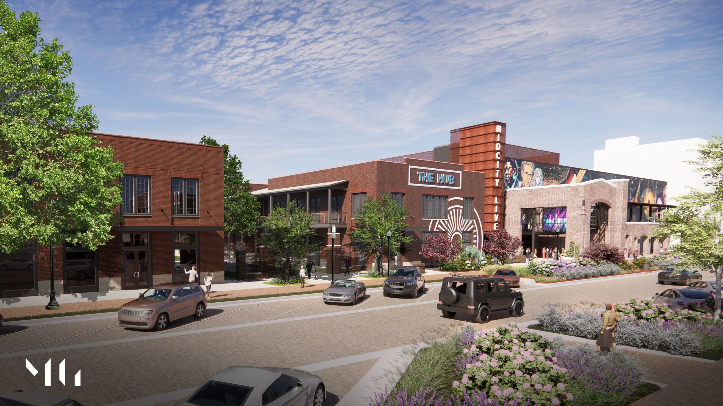 A lively urban scene with modern buildings, trees, and parked cars, including a building labeled 'The Hub' with a large art mural, and people walking on the sidewalk under a blue sky with scattered clouds.