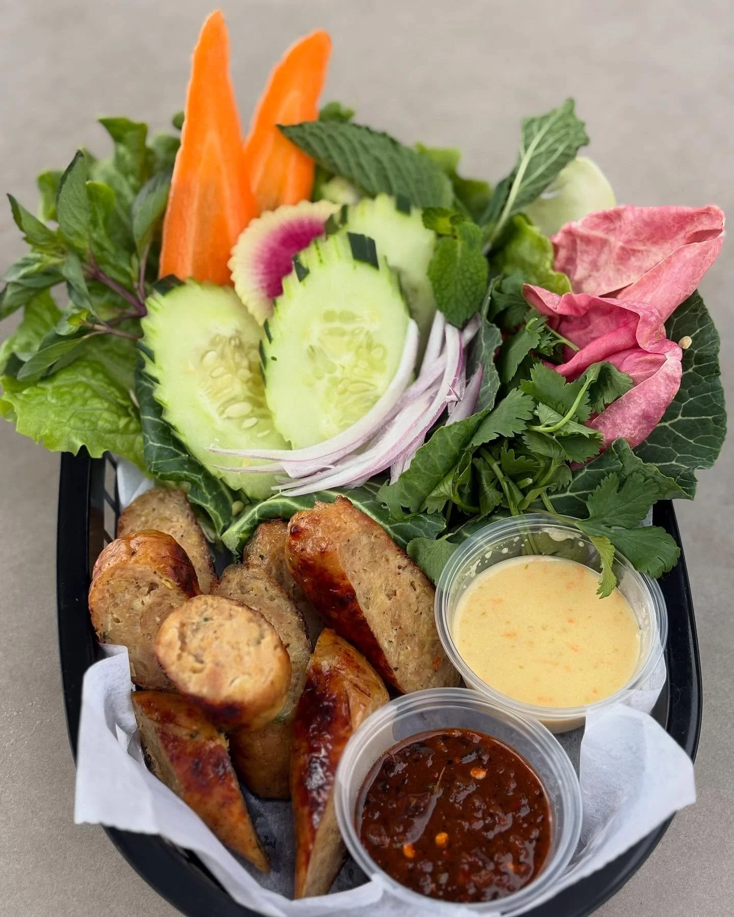 Chicken sausage is making its return this week! In the style of Sai Krok, made with chicken of course. Served with a nam prik, fermented chili sauce &amp; plenty of veggies. Should be around for a few days!! Come eat some with your honey tomorrow, ch