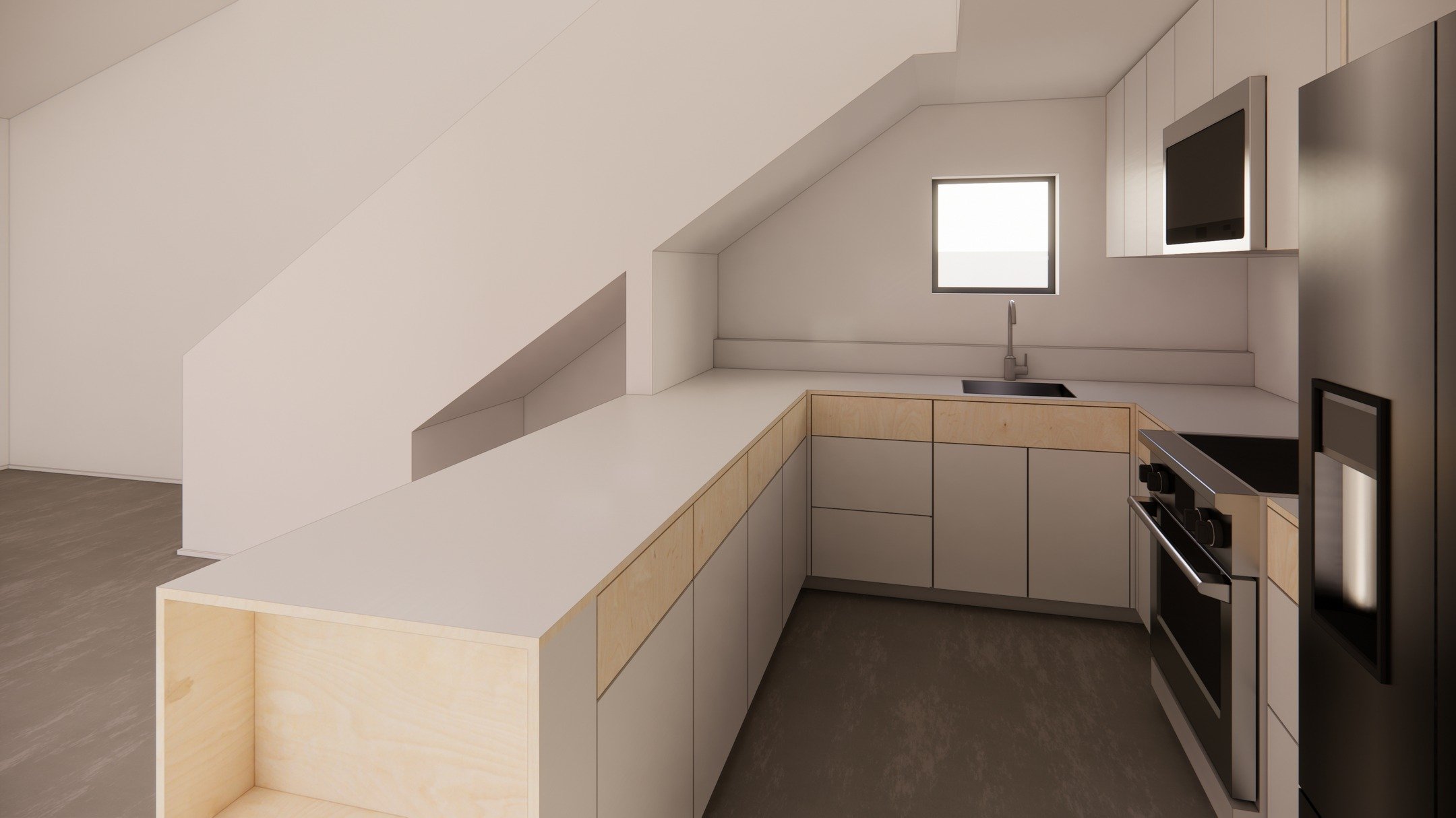 Sweet ADU
Kitchen 3D Study
Working closely with the builder, we reexamined how to create a serene yet functional kitchen that exudes warmth and lightness. We look forward to see the cabinets being fabricated and installed in the same space, recallin