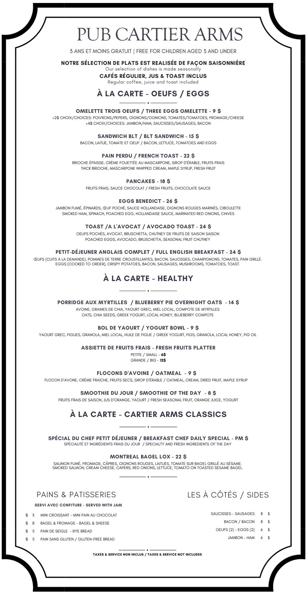 Menu from Pub Cartier Arms offering breakfast, dishes, and sides, including eggs, toasts, pancakes, yogurt, oatmeal, and bagels, with prices listed.