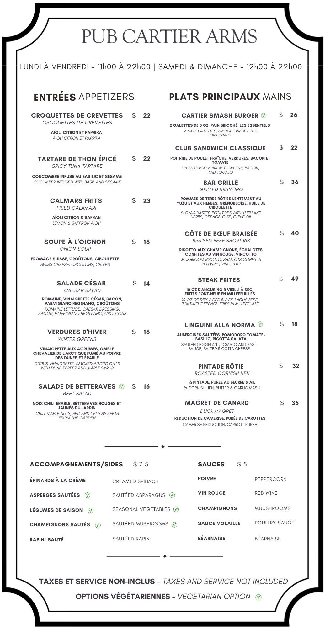 Restaurant menu for Pub Cartier Arms, featuring appetizers, main courses, sides, and sauces with prices.