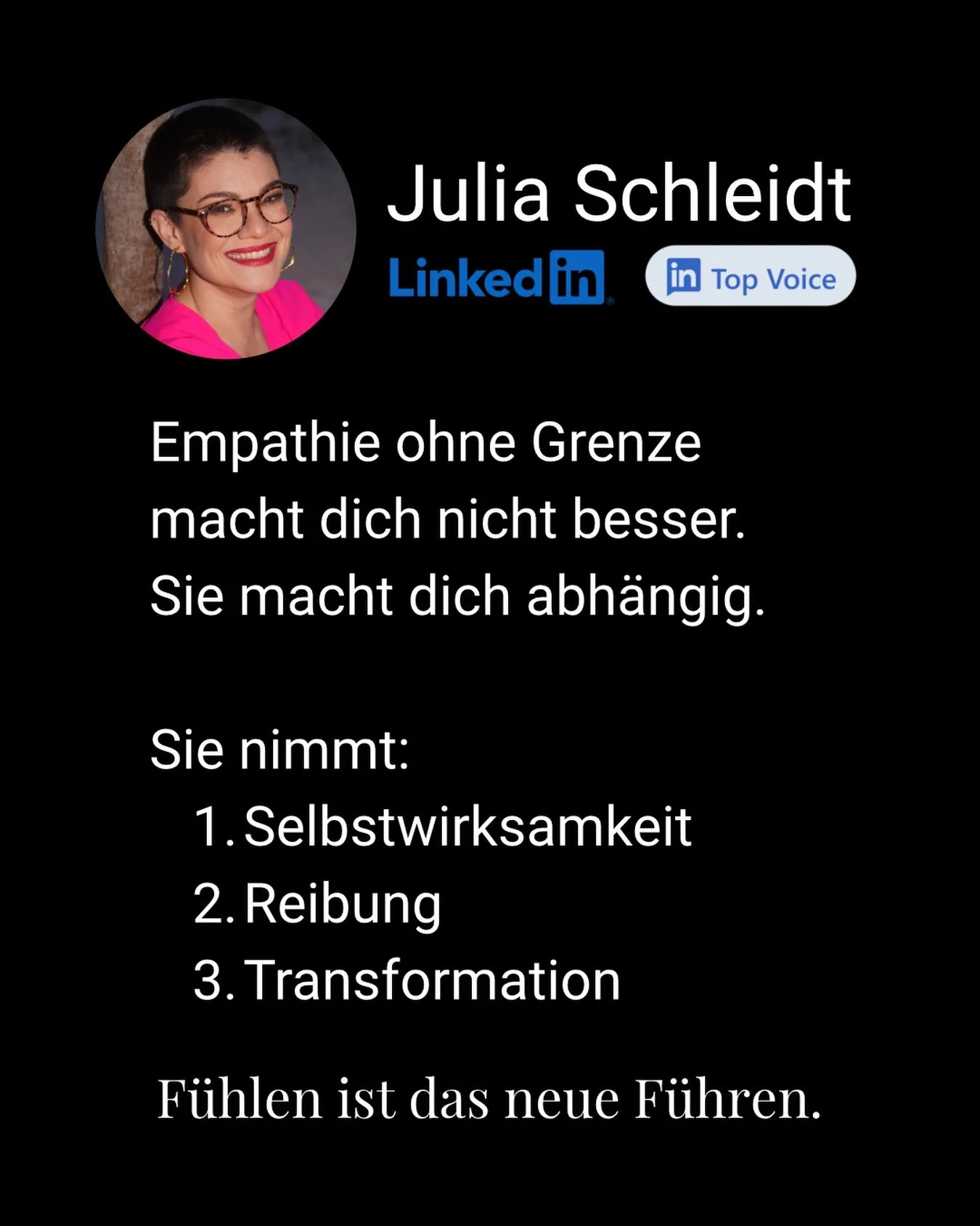 Empathie ist eine St&auml;rke.
 Aber &uuml;bersteuert wird sie zur Selbstaufgabe.

Aus &bdquo;Ich f&uuml;hle mit dir&ldquo; wird &bdquo;Ich mache es allen recht.&ldquo;

Und dann passiert Folgendes:
❌ Aus Mitgef&uuml;hl wird People Pleasing. ❌ Aus N&