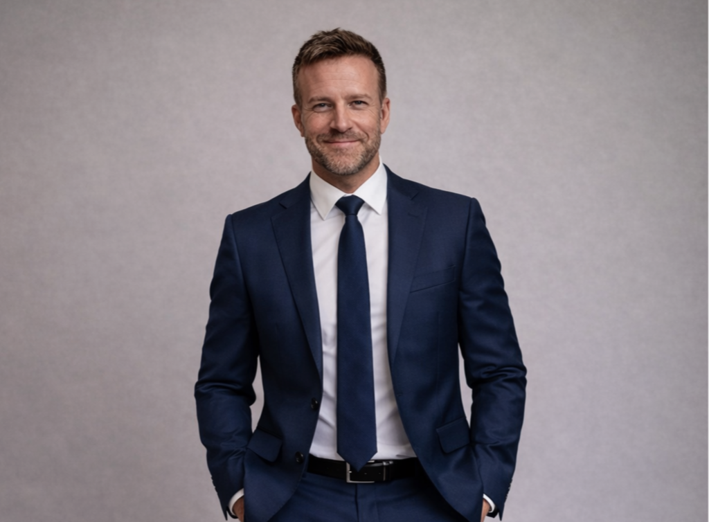 A man in a dark blue suit, white shirt, and matching blue tie standing against a plain gray background. He has short, light brown hair and a beard, and is smiling with his hands in his pockets.