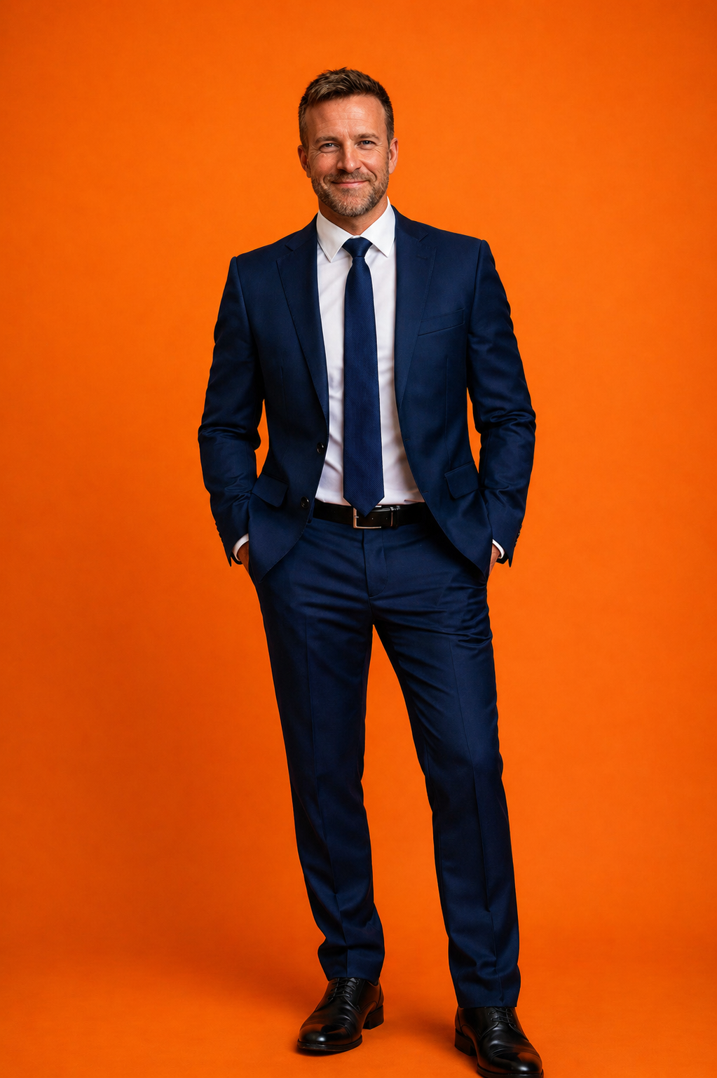 Steve Gouws Full length Orange background Blue Suit