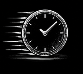 A clock showing the time as 12:05 with a motion blur effect on the left side.