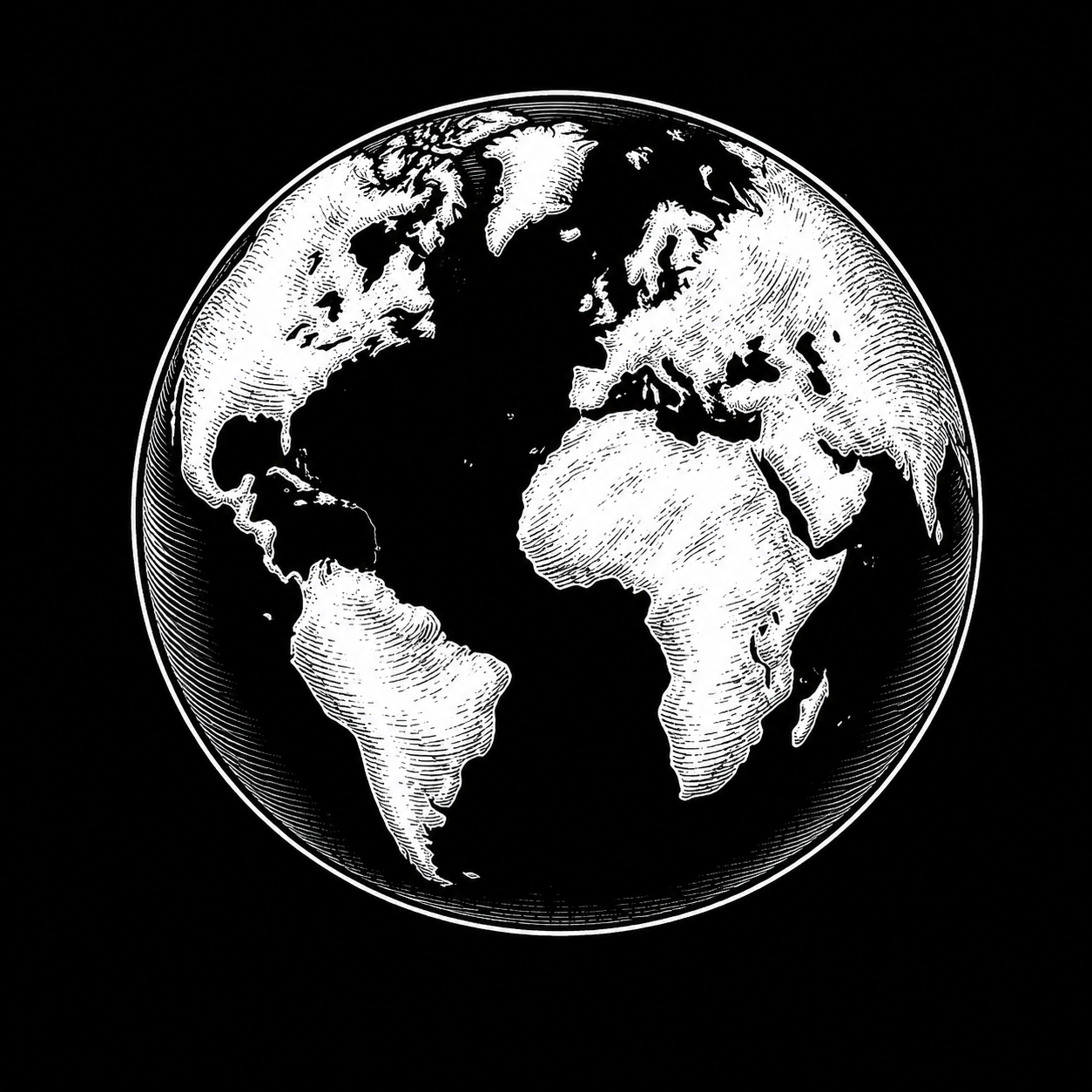 Black and white digital illustration of the Earth showing continents in white with black background.
