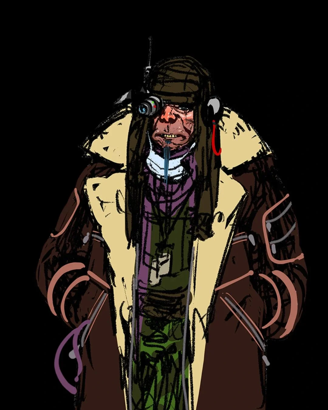 Illustration of a man in a military-style coat with a headset, eye patch, and long hair, wearing a headlamp and drooling.
