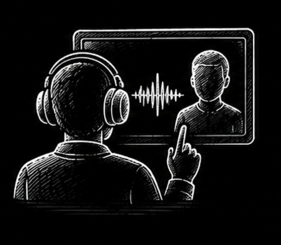 Person with headphones and suit interacting with a digital screen displaying a waveform and a person on a video call.