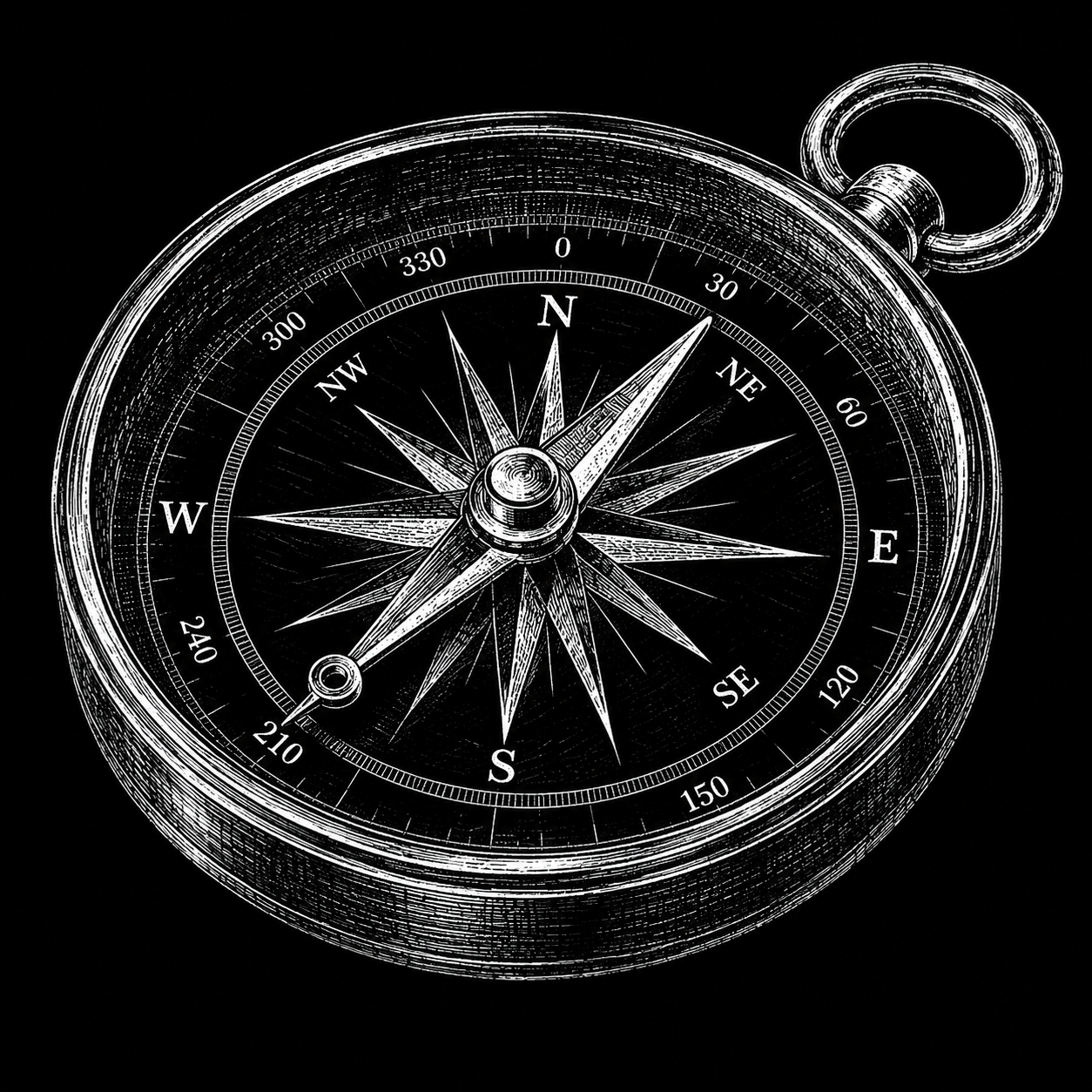 Black and white illustration of a vintage pocket compass showing north and east.