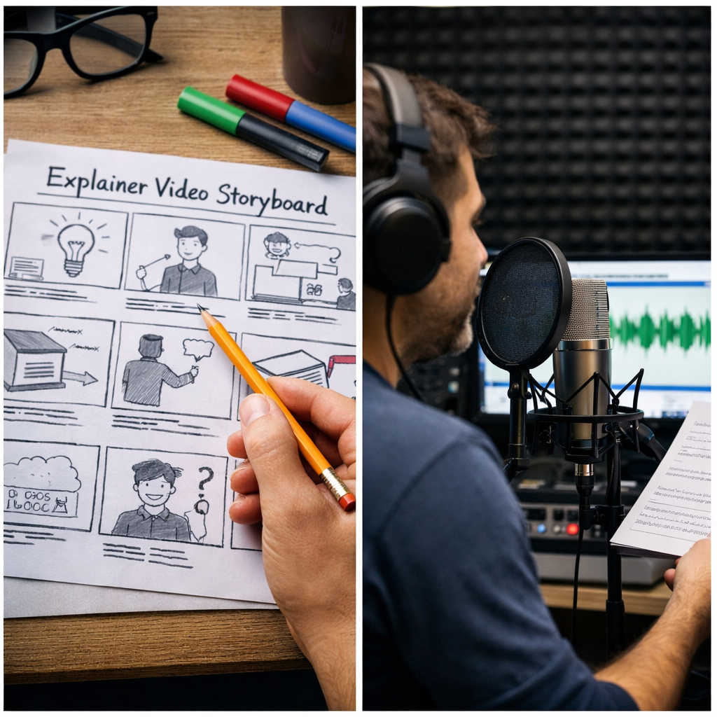 Script on table with pencil and recording studio