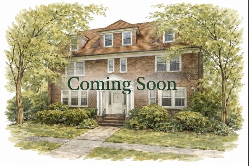 Illustration of a brick residential building with multiple windows, trees, and shrubs in front, with the text 'Coming Soon' overlaid.