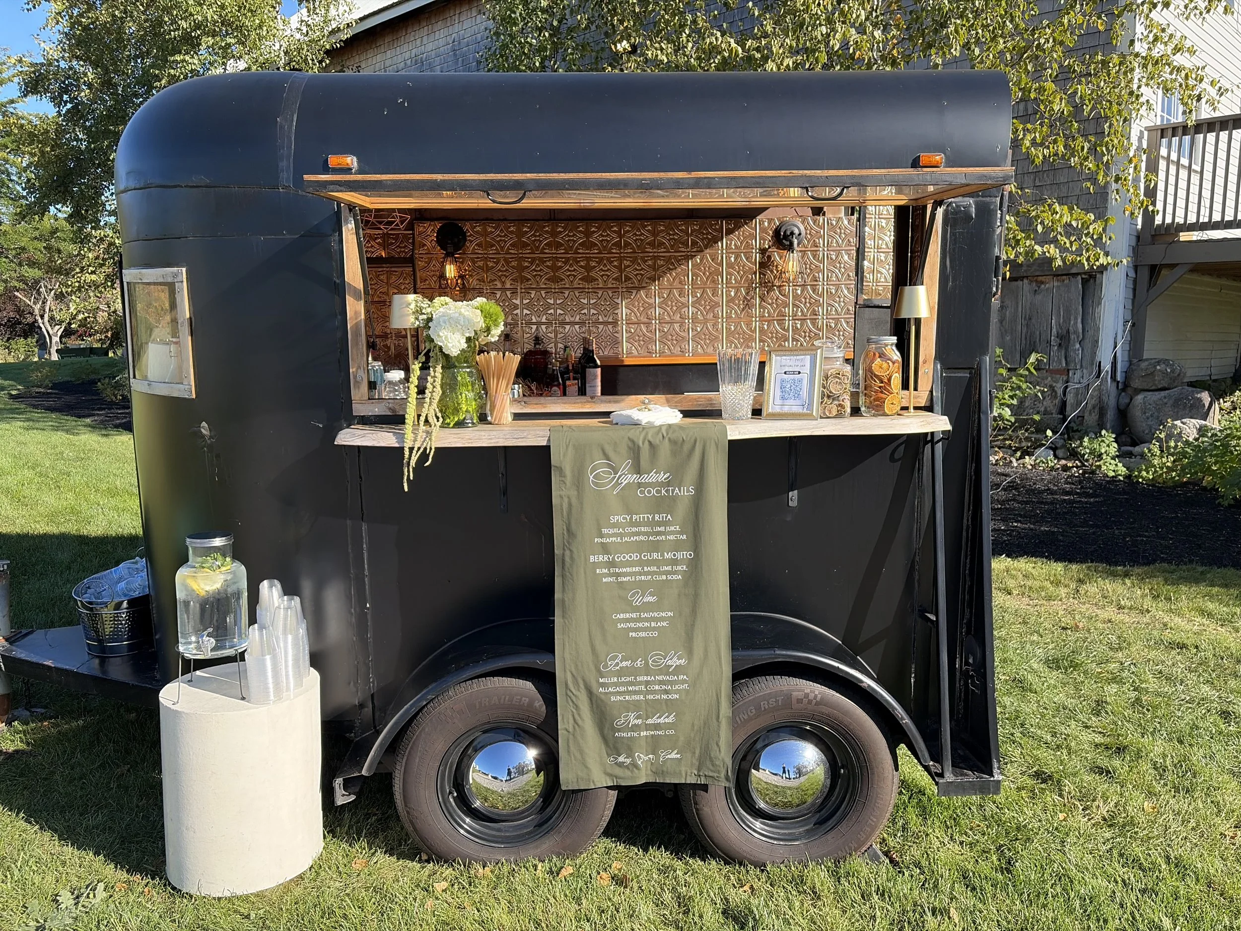 Mobile horse trailer bar rental at a New England wedding, professional bartending and cocktail service in Maine