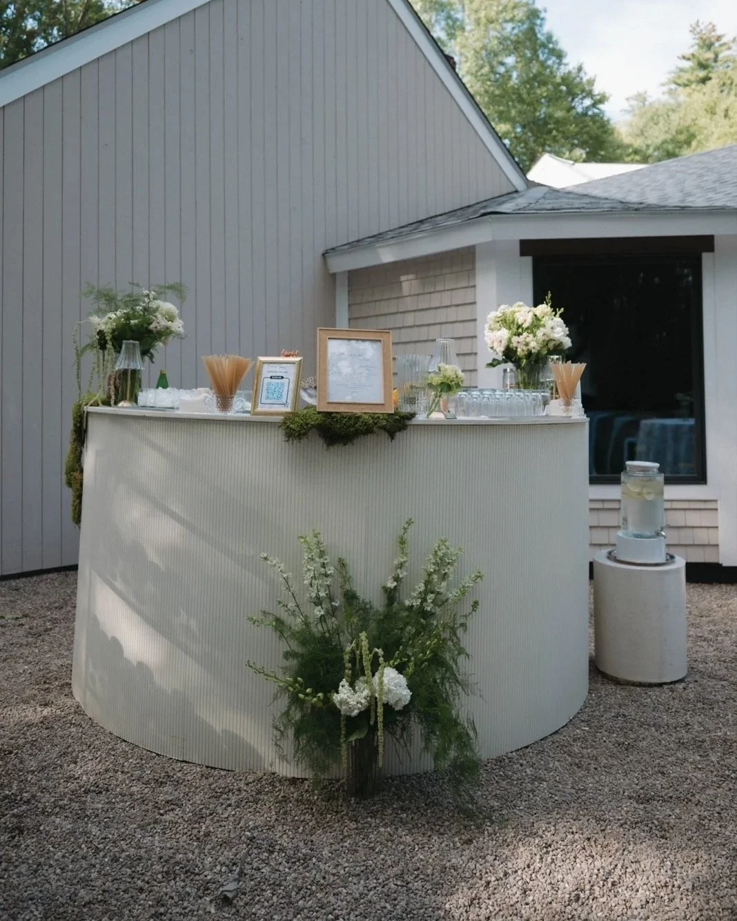 Eido Bar Company Maine wedding reception featuring the Half Moon mobile bar, luxury bar rental for weddings and private events