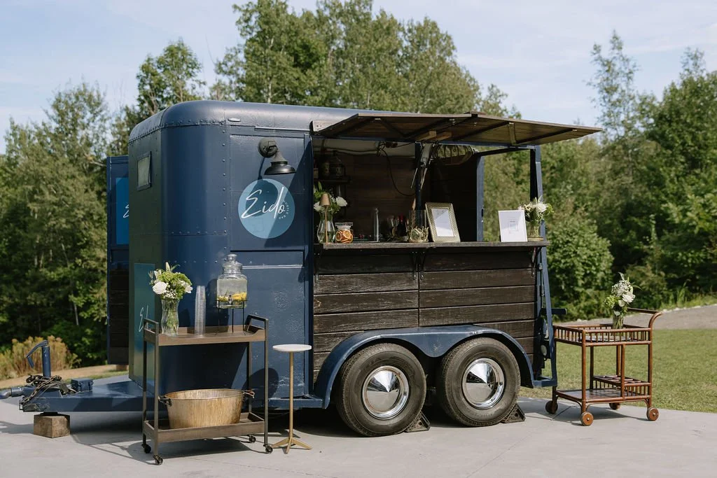 Maine mobile bar horse trailer featuring a custom wedding cocktail menu, professional bar service for New England events
