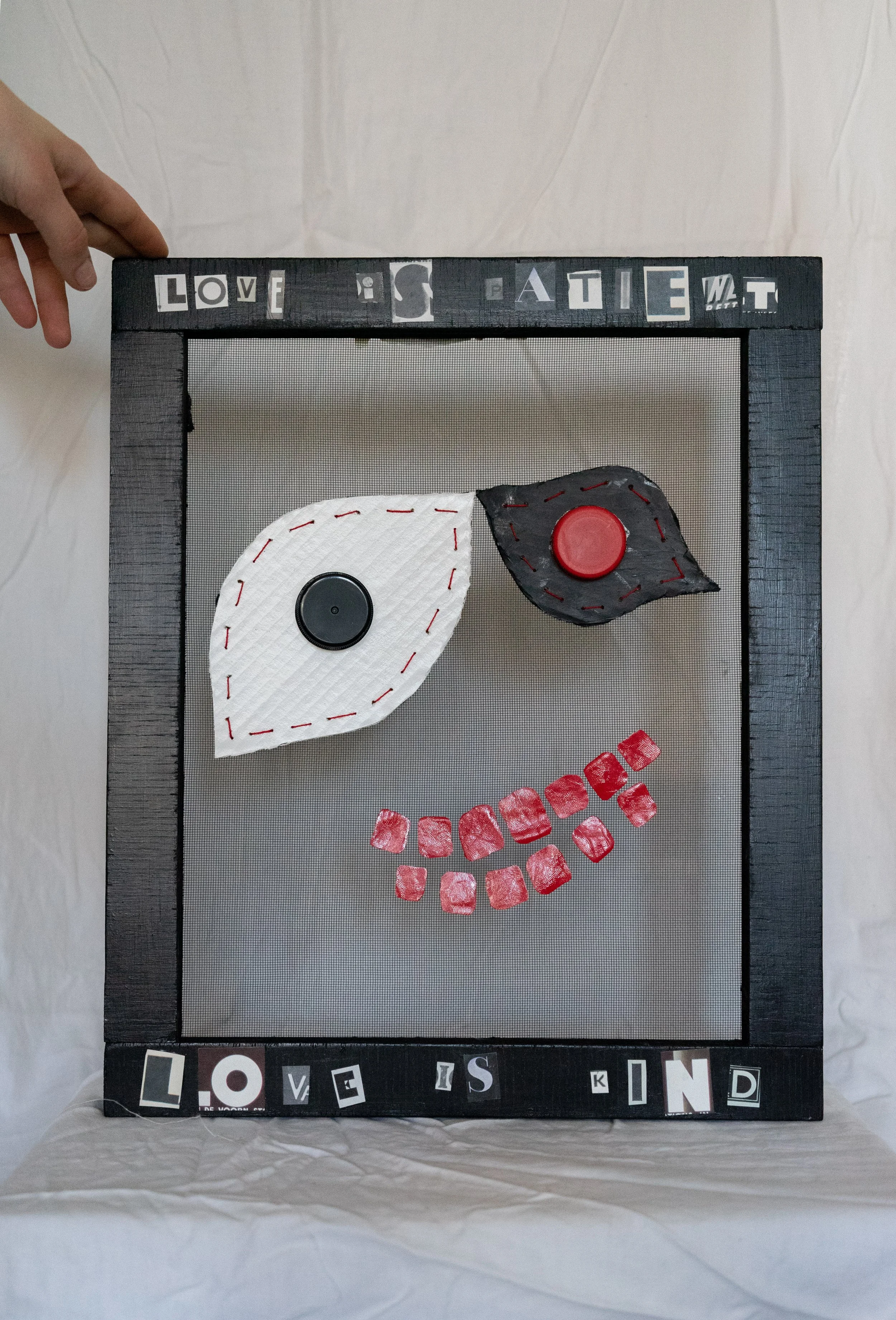 wood scraps, window screen, cardboard, bottle caps, thread, secondhand latex