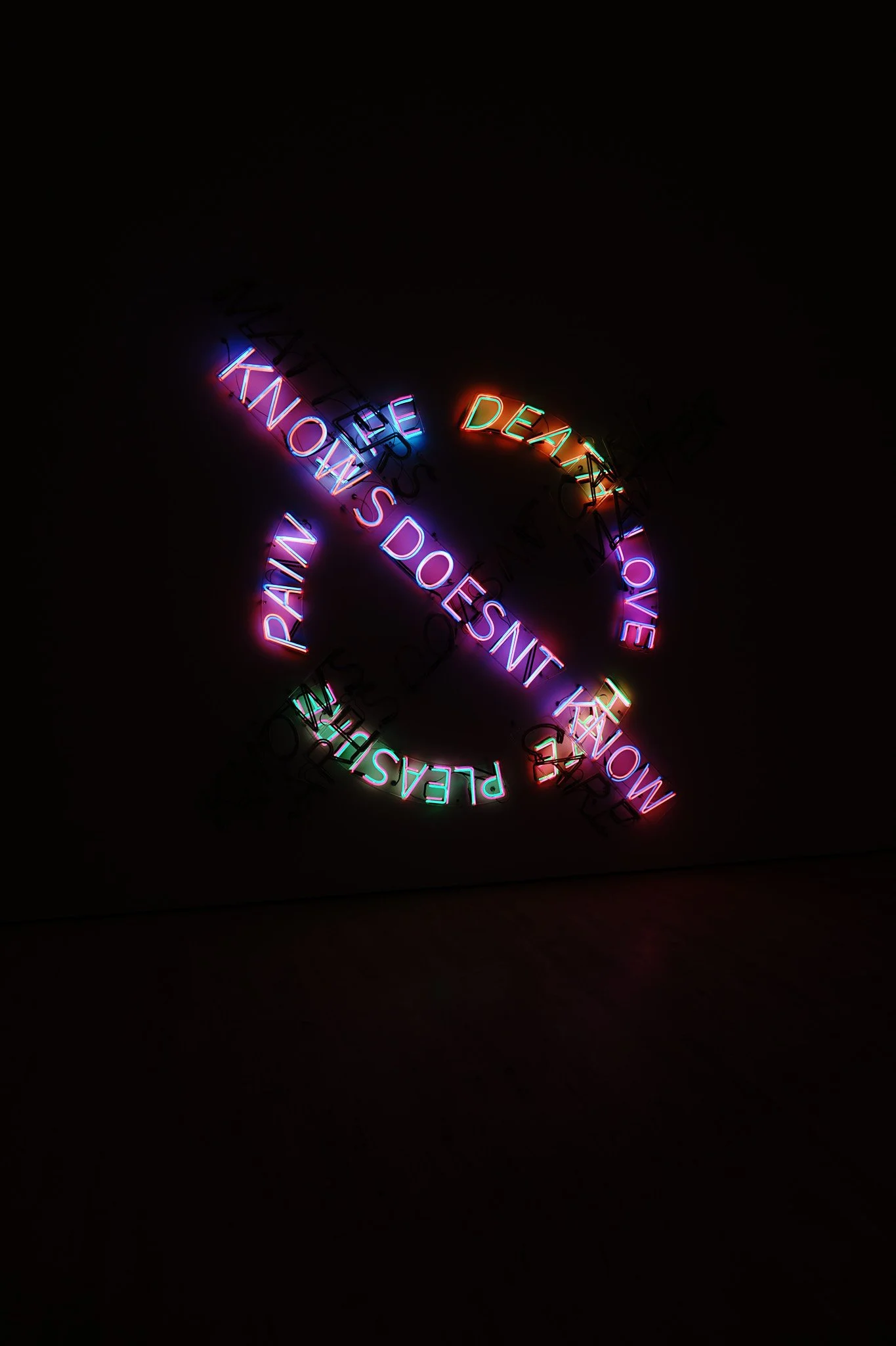 Colorful neon light art with the words "DEARLY LOVE KNOW'S DUEST KIND OF PLEASURE."