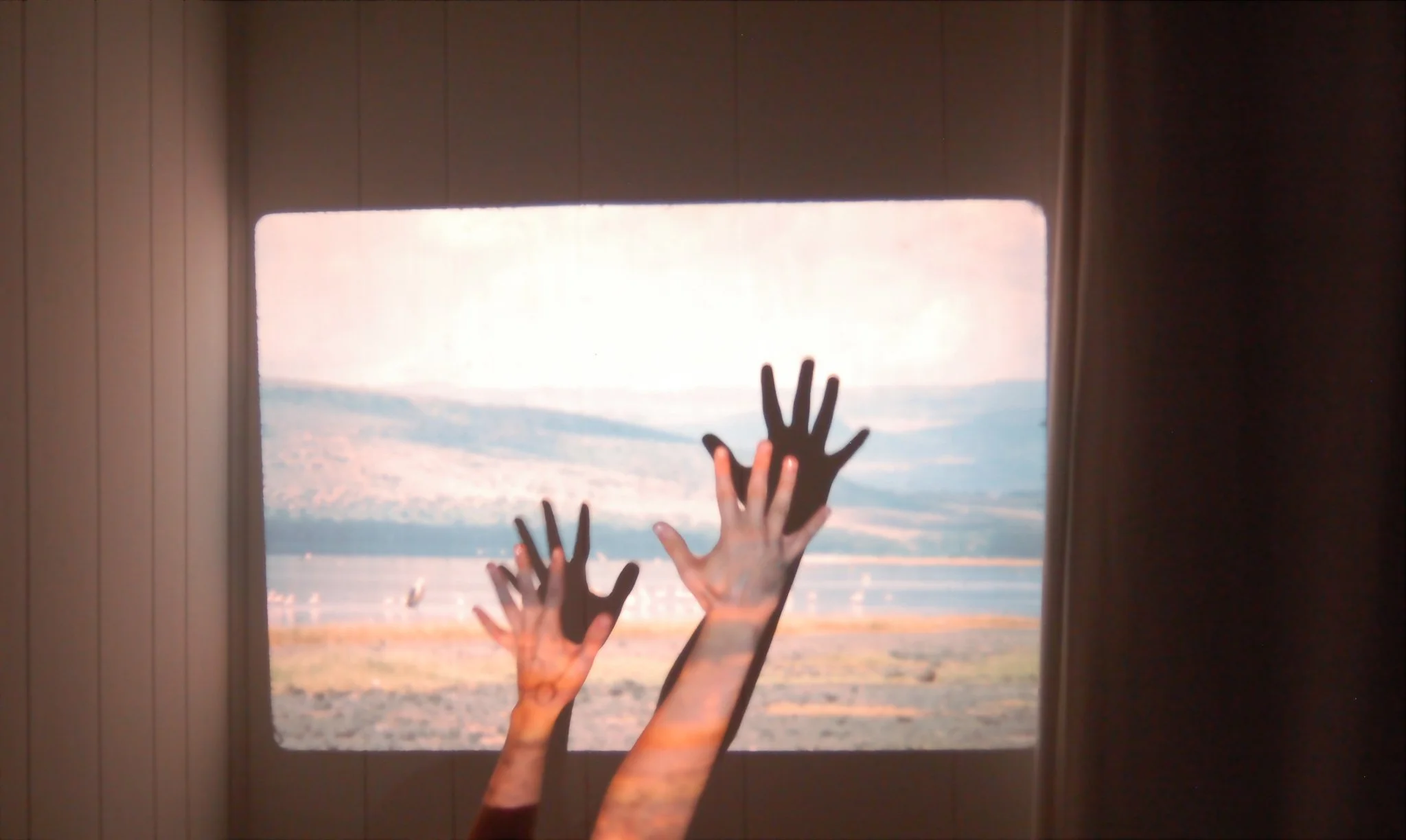 Two hands reaching toward a window, with the scenic landscape of mountains and a body of water outside.