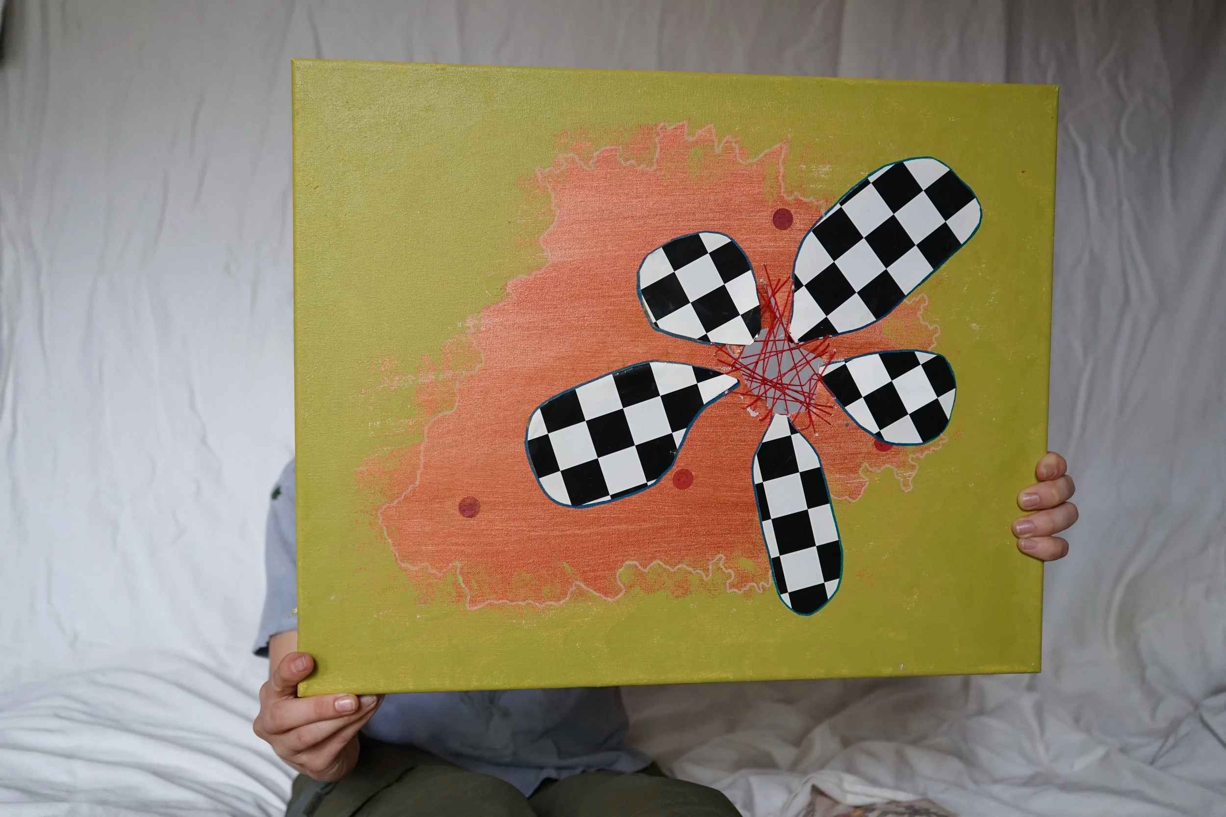 canvas, cardboard, paints, thread