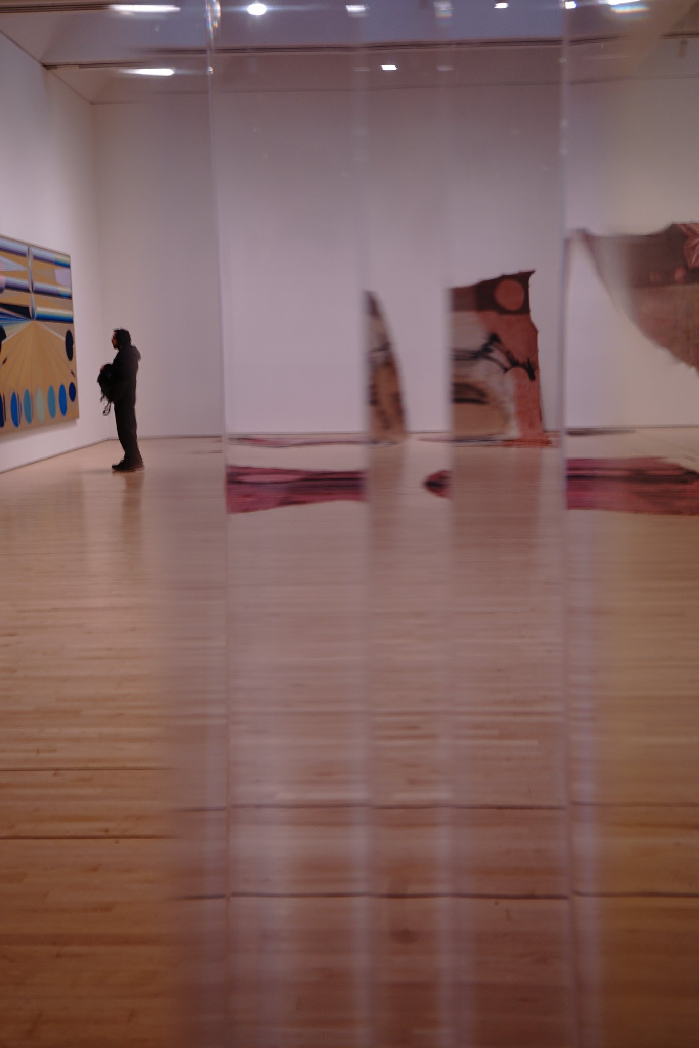 A person with a black jacket stands in an art gallery, looking at abstract paintings on the wall. The photo is taken through reflective glass panels in front of the person, creating a distorted reflection of the gallery space.