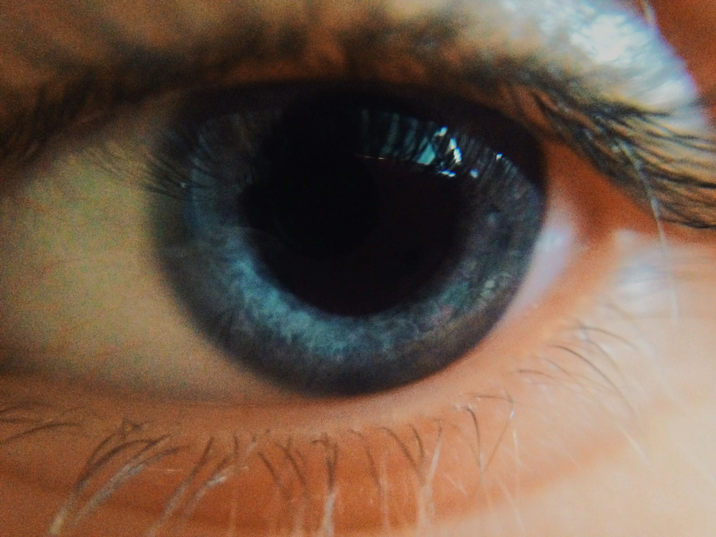 Close-up of a human eye showing the iris, pupil, eyelashes, and surrounding skin.