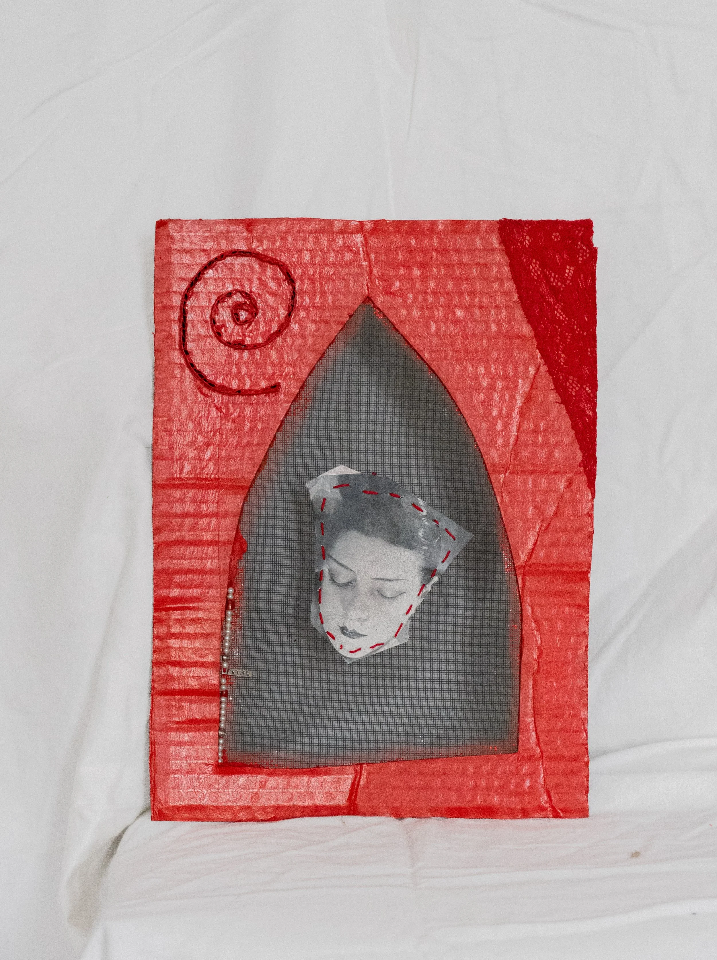 cardboard, window screen, thread, paper