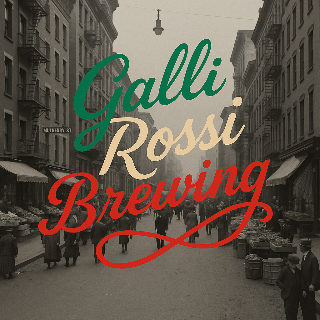 A historical black-and-white city street scene with people walking and market stalls, overlaid with colorful text reading "Galli Rossi Brewing."
