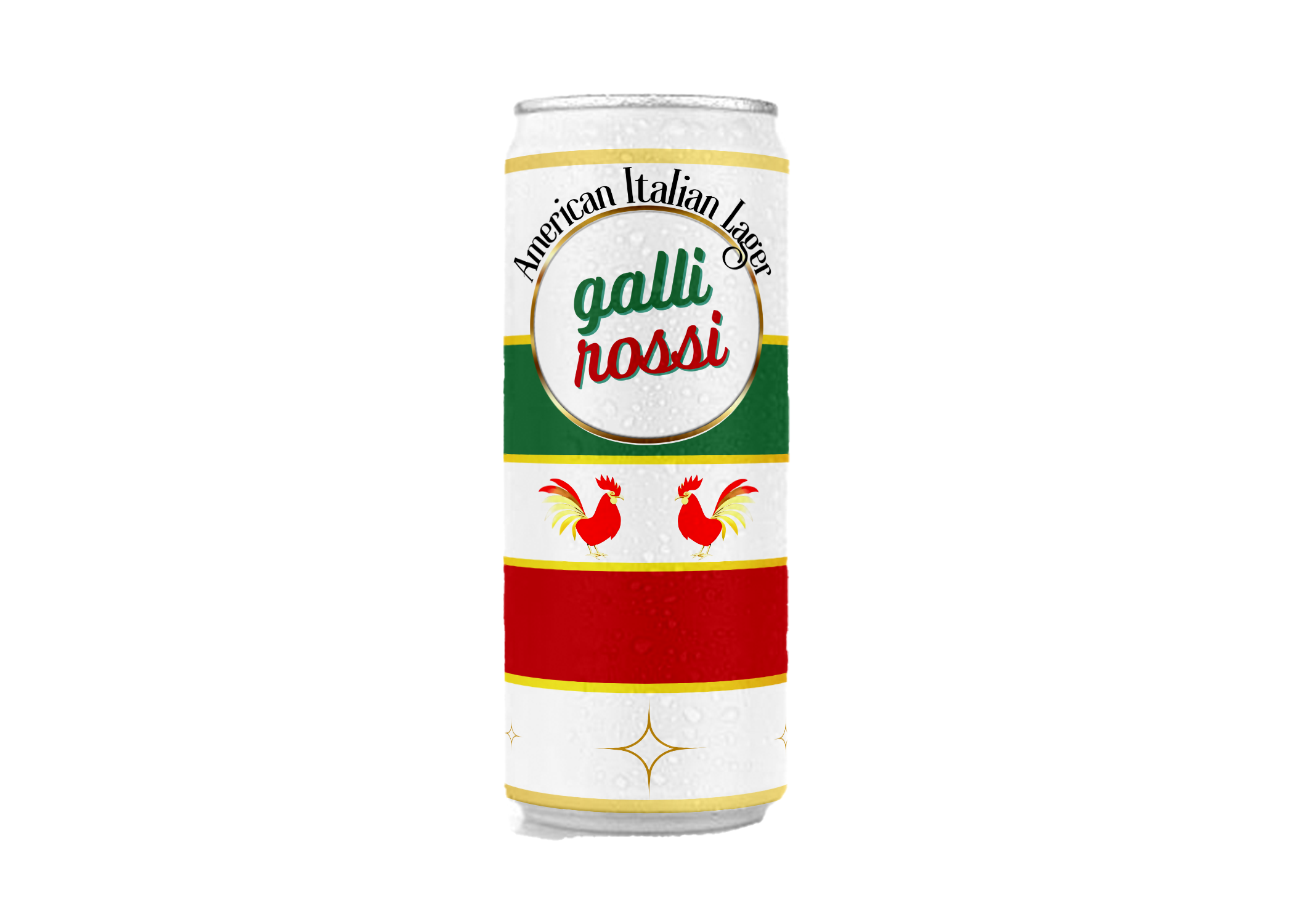 A tall can of Galli Rassi American Italian Lager beer with a white background, featuring a colorful label with the brand name, two roosters, and decorative gold accents.