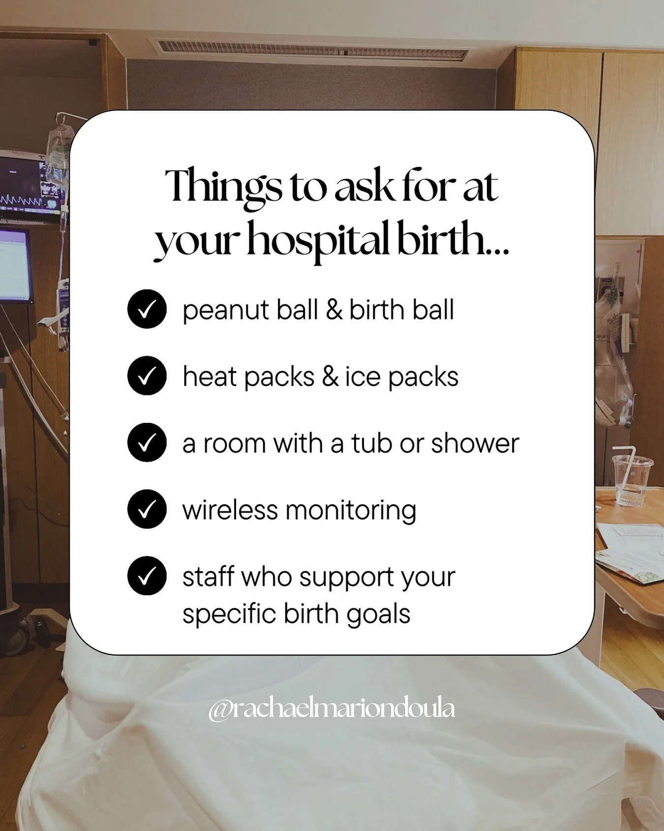 Walk into your hospital birth like a professional doula&hellip;steal my list of must-haves 🤘

✔️ birth balls&hellip;make sure you have both a peanut ball and birth ball in your room! Two of my mvps for labor tools.

✔️ ice and heat packs&hellip;they