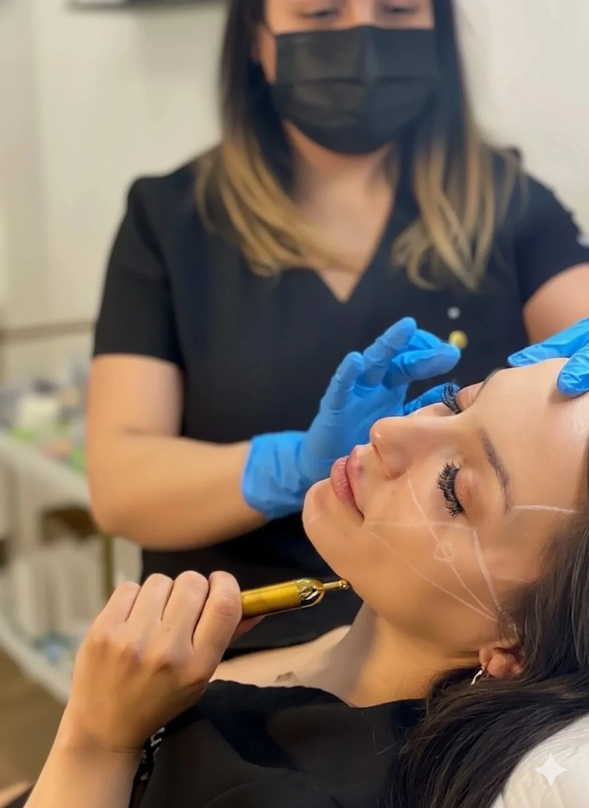 A woman lying down during a cosmetic procedure, with a needle or pen near her face. A practitioner in a black mask, black shirt, and blue gloves is performing the procedure on her face.
